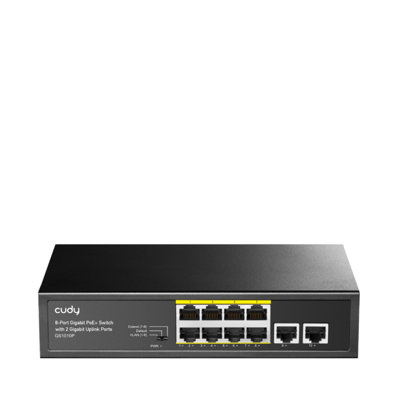 CUDY Switch Unmanaged PoE+, 8x porturi RJ-45 10/100/1000M PSE +2x porturi RJ45 10/100/1000 Uplink, VLAN ON/OFF, Extend ON/OFF, Watchdog ON/OFF,,standard 802.3af/at, Aternative 1/2(+),3/6(-), Rack-mountable Steel Case, sursa interna de 120W