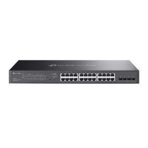 Omada 28-Port Gigabit Smart Switch with 16-Port PoE+ PORT: 24× Gigabit Ports (16×PoE+ and 8× Non-PoE), 4× Gigabit SFP Slots SPEC: 16× 802.3at/af, 150 W PoE Power, 1U 19-inch Rack-mountable Steel Case, Fanless FEATURE: Integration with Omada SDN Controller, Static Routing, 802.1Q VLAN, STP/RSTP/MSTP
