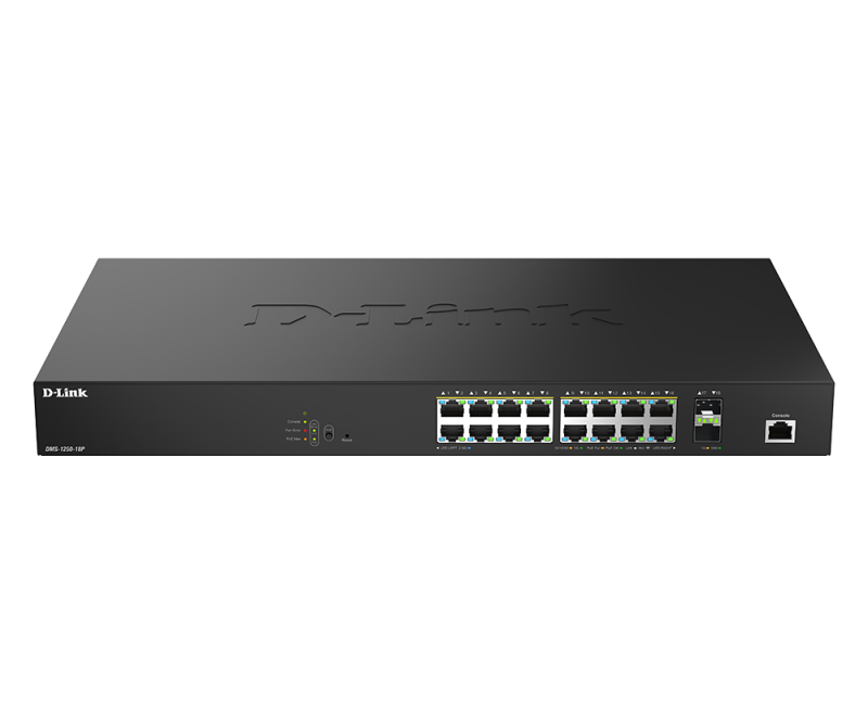 D-Link DMS-1250-18P/E. Switch type: Managed, Switch layer: L2. Basic switching RJ-45 Ethernet ports type: 2.5G Ethernet (100/1000/2500), Basic switching RJ-45 Ethernet ports quantity: 16. MAC address table: 16000 entries, Switching capacity: 120 Gbit/s. Networking standards: IEEE 802.1Q, IEEE