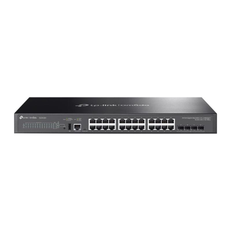 TP-Link Omada SG5428X. Switch type: Managed, Switch layer: L3. Basic switching RJ-45 Ethernet ports type: Gigabit Ethernet (10/100/1000), Basic switching RJ-45 Ethernet ports quantity: 24, USB 2.0 ports quantity: 1, Console port: RJ-45. MAC address table: 16000 entries, Switching capacity: 128