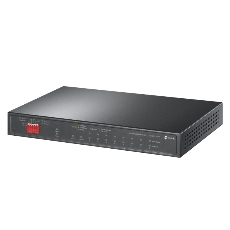 Switch Desktop 10-Port Gigabit with 6-Port PoE+ and 2-Port PoE++ PORT: 2× Gigabit PoE++ Ports, 6× Gigabit PoE+ Ports, 2x Gigabit Non-PoE Ports, 1× Combo Gigabit SFP Slot SPEC: 802.3af/at/bt type3, 123 W PoE Power, Desktop Steel Case FEATURE: Extend Mode for 250m PoE Transmitting for Port1-4