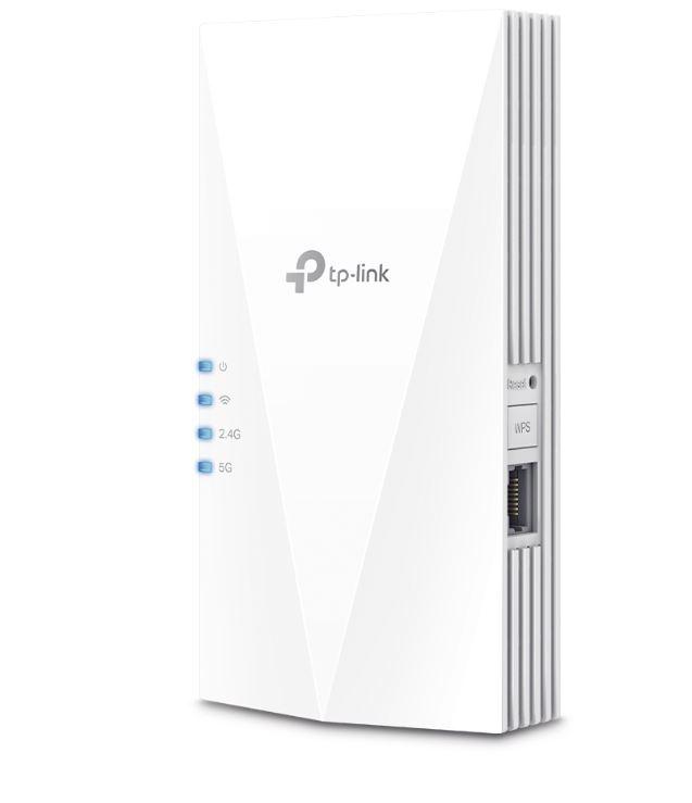 TP-link AX1800 Wi-Fi6 Range Extender, RE600X, Dual-Band, Standarde wireless: IEEE 802.11a/n/ac/ax 5GHz, IEEE 802.11b/g/n/ax 2.4GHz, interfata: 1 x 10/100/1000, Dimensiuni: 78×36×149 mm, 2 x antene interne, viteza wireless: 574 Mbps la 2.4GHz, 1201 Mbps la 5GHz.