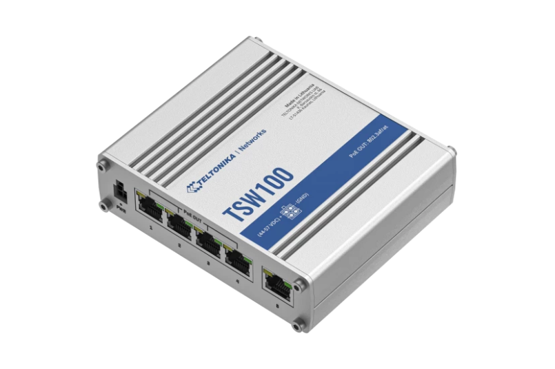 TELTONIKA INDUSTRIAL 5PORT Unmanaged POE+ Switch TSW100, Interfata: 5 x ETH ports, 10/100/1000 Mbps, supports auto MDI/MDIX crossover, Standarde retea: 802.3i, 802.3u, 802.3ab, 802.3x, 802.3az, 802.3ad, Porturi POE:1-4, POE Budget: 120W, Latime de banda: 10 Gbps, Carcasa aluminiu: Dimensiuni: 115 x - imagine 3