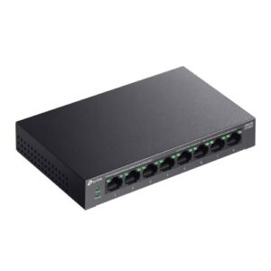 Alternative view of TP-LINK 5-PORT GIGABIT SWITCH LS108GP, interfata  8× 10/100/1000Mbps RJ45 Ports (Ports 1–8 supports 802.3af/at PoE+), AUTO Negotiation, AUTO MDI/MDIX, porturi Standard: 802.3 af/at compliant,  PoE Ports: Ports 1–8, pana la 30 W PoE output per port, PoE Budget: 62 W, dimensiuni 6.2× 3.9×1.0 in