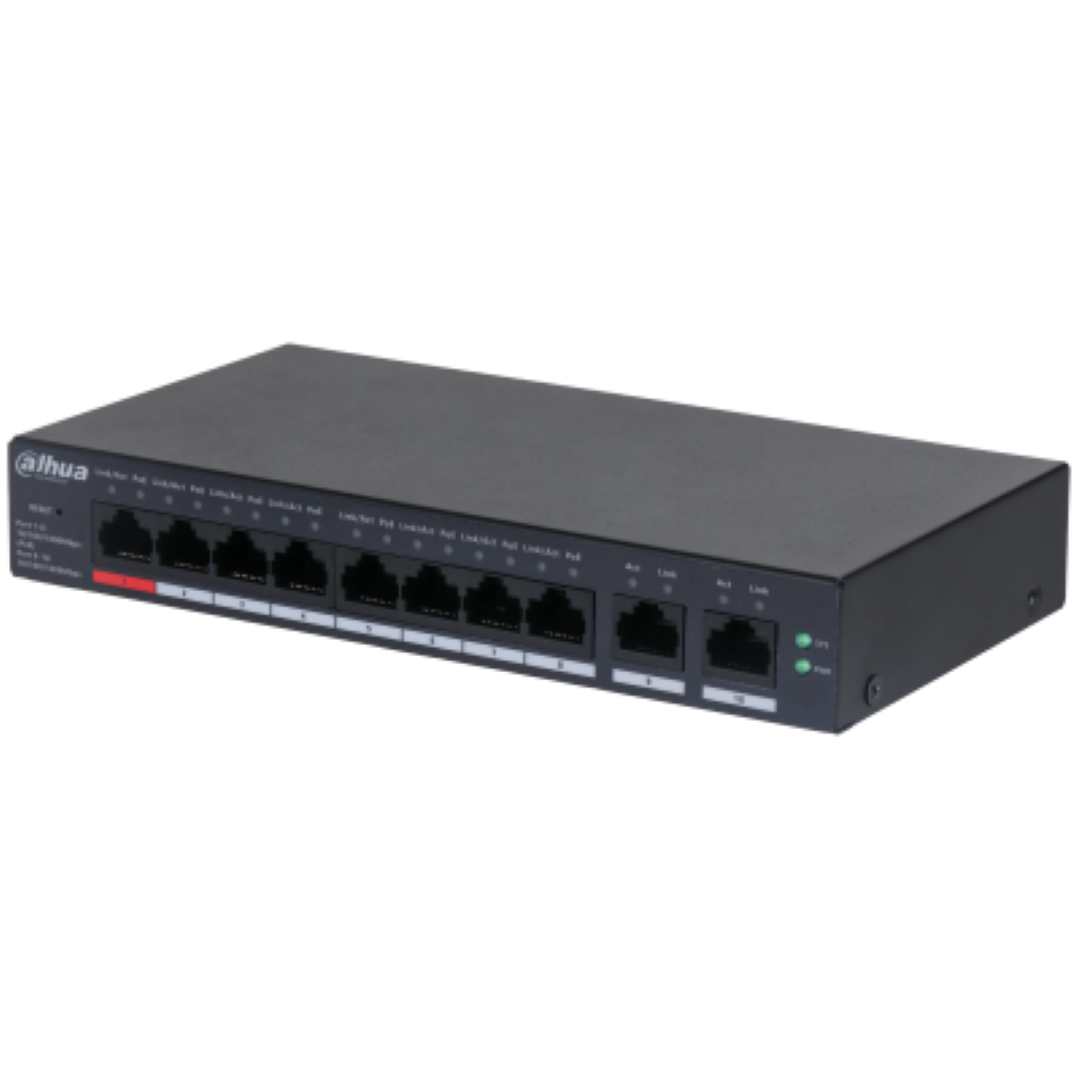 Dahua 10 Port Cloud managed POE switch CS4010-8ET-110, Interfata: Port 1-8: 8 × RJ-45 10/100 Mbps (PoE); Port 9-10: 2 × RJ-45 10/100/1000 Mbps(uplink), Managed, Layer 2, Switching Capacity: 5.6 Gbps, Packet Forwarding Rate: 4.17 Mpps, Standarde retea: IEEE802.3; IEEE802.3u; IEEE802.3x; IEEE802.3ab
