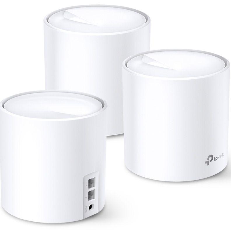 TP-Link AX5400 whole home mesh Wi-Fi 6 System, Deco X60(3-pack); Standarde Wireless: IEEE 802.11 ax/ac/n/a 5 GHz, IEEE 802.11 ax/n/g/b 2.4 GHz, 2 LAN/WAN Gigabit Ethernet Ports, Qualcomm 1 GHz Quad-core CPU, 4 internal antennas per Deco unit, 2402 Mbps (5 GHz), 574 Mbps (2.4 GHz).