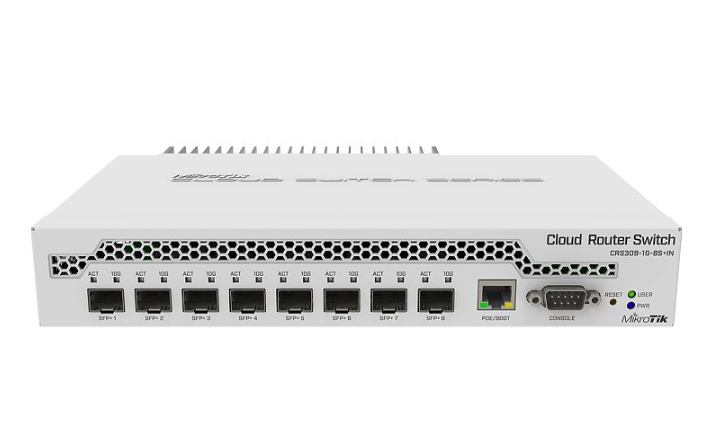 MIKROTIK ETHERNET SW 8P SFP+, CRS309-1G-8S+IN, Procesor: 98DX8208 Dual core, 800 MHz, Dimensiuni: 141 x 115 x 28 mm, RouterOS / SwitchOS, Memorie: 512Mb RAM, Stocare: 16MB Flash, PoE in: 802.3af/at, Interfata: 8 x 10/100/1000 SFP+, Port consolă: RS-232, Capacitate switch: 162 Gbit/s.