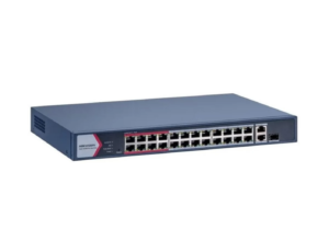 Switch PoE Hikvision DS-3E1326P-EI/M: 24 × 10/100 Mbps PoE port,1 × Gigabit combo,1 × Gigabit RJ45 port, 24 porturi PoE maxim 30W, buget PoE 230W, tensiune alimentara: 100-240 VAC, 50/60 Hz, Max. 4 A, dimensiuni: 335.00 mm × 44.50 mm × 226.00 mm, greutate: 2.13kg.