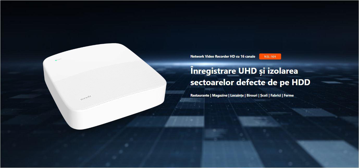 Tenda 16 Channel HD Network Video Recorder N3L-16H, 16 intrari IP video, Rezolutie: pana la 8MP, latime banda: 800Mbps, iesire: 1-ch, 1920 × 1080/60Hz, 1280 × 1024/60Hz, 1280 × 720/60Hz, VGA 1-ch, 1920 × 1080/60Hz, 1280 × 1024/60Hz, 1280 × 720/60Hz HDMI/VGA simultaneous output, Format video