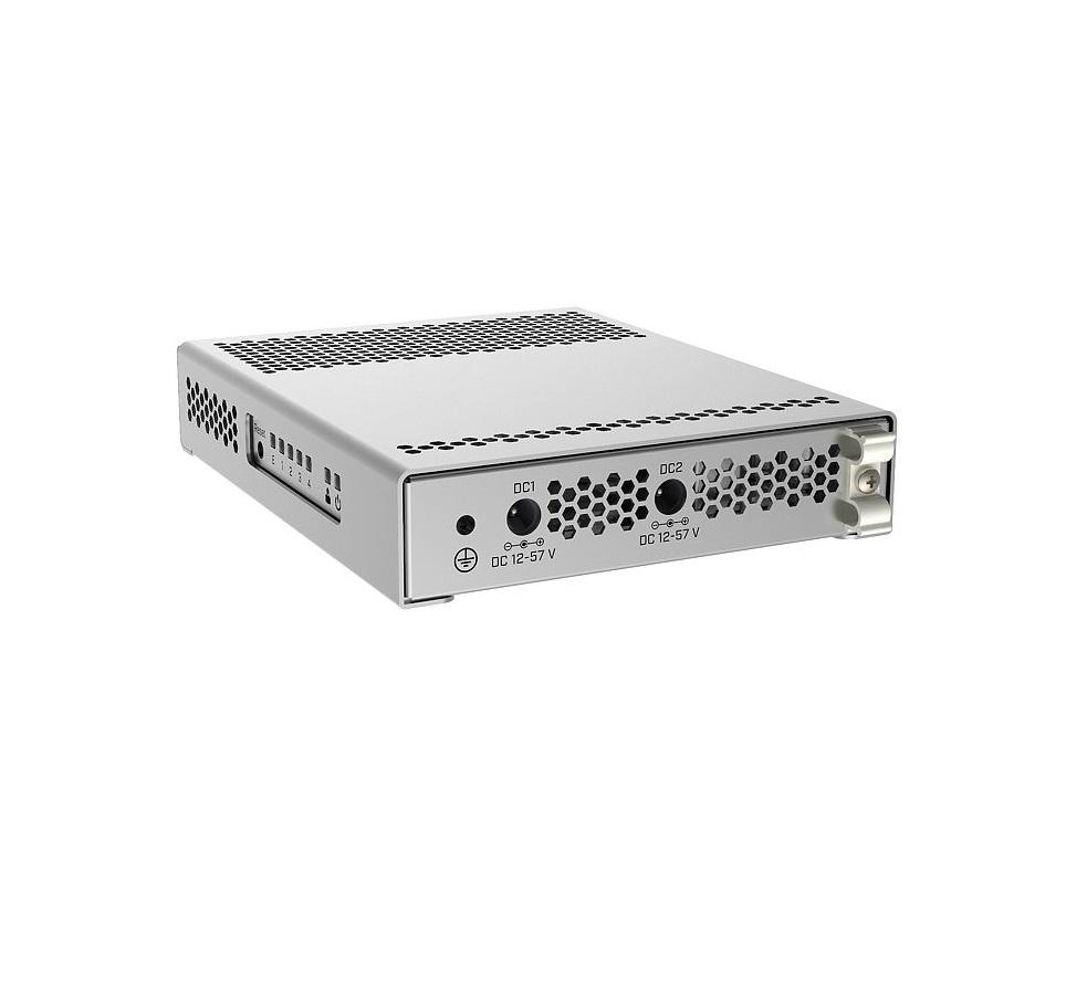 Mikrotik Cloud Router Switch, CRS305-1G-4S+IN; 4XSFP+, 1XGE, dual DCJacks, for high speed ring topology; Five-port desktop switch with oneGigabit Etherent port and four SFP+ 10Gbps ports; 1* CPU core count; CPUnominal frequency: 800 MHz; Size of RAM: 512 MB; Storage size: 16 MB;PoE in: 802.3af/at