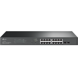 "JetStream™ 18-Port Gigabit Smart Switch with 16-Port PoE+ PORT: 16× Gigabit RJ45 Ports, 2× Gigabit SFP Slots SPEC: 802.3at/af, 150 W PoE Power, 1U 19-inch Rack-mountable Steel Case FEATURE: Integration with JetStream™ SDN Controller, Static Routing, 802.1Q VLAN, STP/RSTP/MSTP, IGMP Snooping