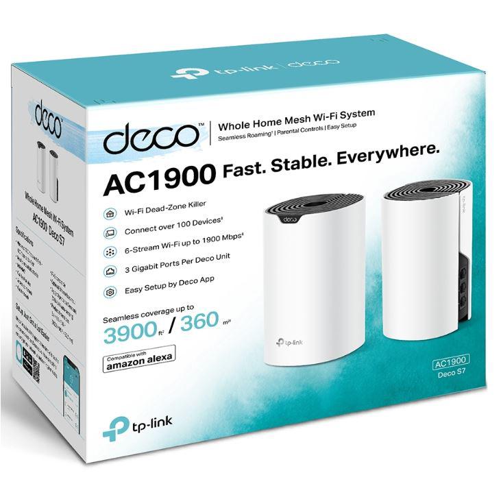 TP-Link Sistem Mesh Wi-Fi pentru întreaga casă AC1900, DECO S7(2- PACK);WI-FI 5, Standarde wireless: IEEE 802.11ac/n/a 5 GHz, IEEE 802.11n/b/g 2.4 GHz, viteza wireless: 5 GHz: 1300 Mbps, 2.4 GHz: 600 Mbps, 3 x antene interne, MU-MIMO, Mod Router, Mod Access Point, interfata: 3 x 10/100/1000. - imagine 2