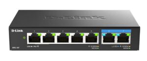 D-Link switch DMS-107, 7 porturi, Standarde si protocoale: IEEE 802.3 10BASE-T,  IEEE 802.3u 100BASE-TX,  IEEE 802.3ab 1000BASE-T,  IEEE 802.3bz 2.5GBASE-T5 porturi Gigabit, 2 porturi 2.5Gbps,  Capacitate 20 Gbps, fara ventilator, carcasa metal, dimensiuni: 145 x 82 x 28 mm, Greutate: 295.2 g, Auto