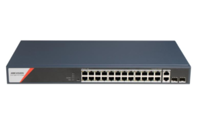 Switch PoE Hikvision DS-3E1528HP-SI-24P2T2F: 24 x 10/100/1000 Mbps PoE Ports, 2 × 10/100/1000 Mbps RJ45, 2 x 10/100/1000 Mbps SFP, 24 porturi PoE maxim 90W, buget PoE 370W, tensiune alimentare: 100-240V~ 50/60Hz 6.3 A, dimensiuni: 440 mm × 44 mm × 220.8 mm, greutate: 2.975kg, montare pe birou sau in