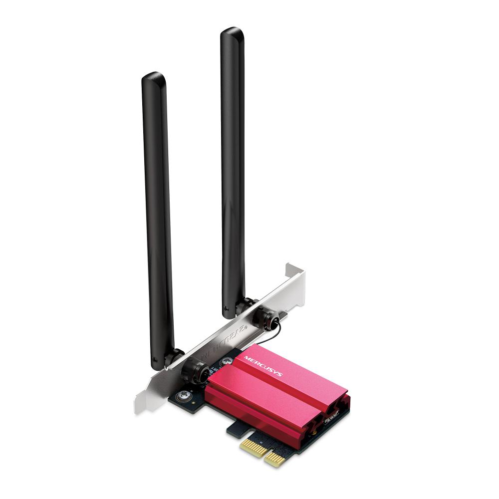 Mercusys adaptor Tri-Band, WI-FI, Bluetooth 5.2 PCI-E MA86XE, Standarde wireless: IEEE 802.11 a/ac/ax 5 GHz, IEEE 802.11 b/g/n/ax 2.4 GHz, Viteza wirelss: 6Ghz: 2402Mbps, 5Ghz: 2402Mbps, 2.4Ghz: 574Mbps, Dimensiuni: 226.3 × 120.8 × 21.5 mm, 2 antene fixe.