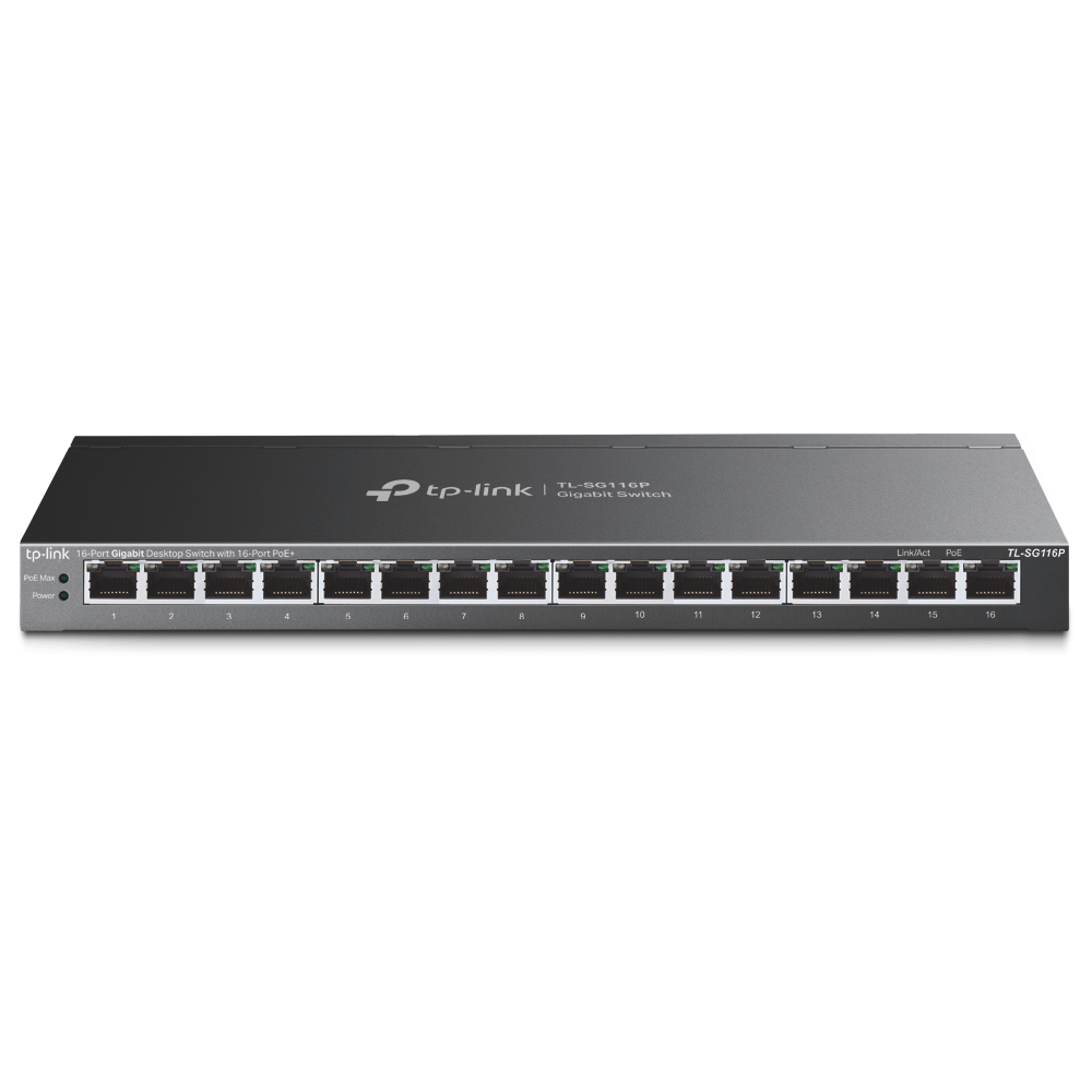 "16-Port Gigabit Desktop Switch with 16-Port PoE+ PORT: 16× Gigabit PoE+ Ports SPEC: 802.3at/af, 120 W PoE Power, Desktop Steel Case FEATURE: Extend Mode for 250m PoE Transmitting, Priority Mode for Port1-4, Isolation Mode, PoE Auto Recovery, Plug and Play"