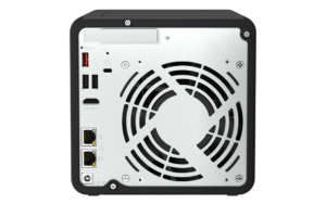 Alternative view of NAS QNAP 464 4-Bay, CPU Intel Celeron N5105/N5095 4-core/4-thread Processor, RAM 8 GB DDR4 (onboard, not expandable), HDD 4 x 2.5"/3.5" SATA 6Gbps + 2 x M.2 2280 PCIe Gen 3 x1 SSD slots (neincluse), LAN: 2 x 2.5GbE (optional 10GbE expansion via a PCIe card), USB3.2 Gen2: 2 x Type-A USB2.0: 2, tower