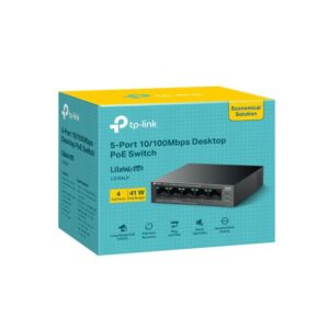 Alternative view of "5-Port 10/100 Mbps Desktop Switch with 4-Port PoE PORT: 4× 10/100 Mbps PoE Ports, 1× 10/100 Mbps Non-PoE Port SPEC: 802.3af, 41 W PoE Power, Desktop Steel Case FEATURE: Extend Mode for 250m PoE Transmitting, PoE Auto Recovery, Plug and Play"