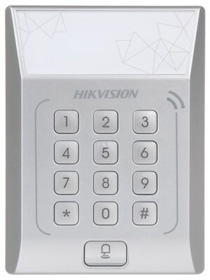 Cititor standalone cu tastatura si card de proximitate Hikvision, DS- K1T801M; suporta cartele MIFARE, Capacitate 3000 cartele, Autentificare: card sau card si parola; Intrari: buton de iesire x1, contact de usa x1; Iesiri: sonerie x1, incuietoare electrica x1; Alimentare: DC 12V/1A; Dimensiuni