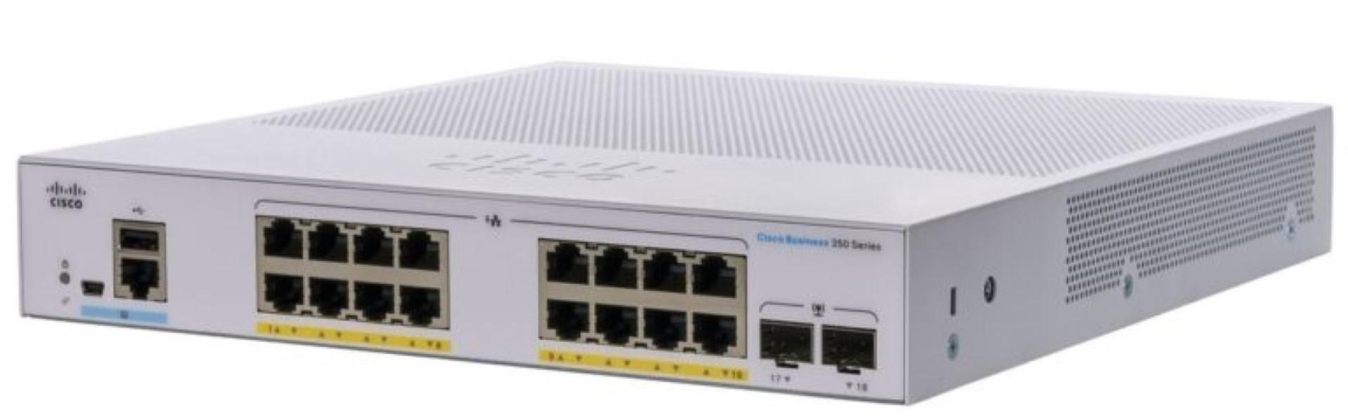 Switch CISCO CBS350-16FP-2G, 16 PORTURI 10/100/1000, 2 x SFP, POE 240w, Buffer: 1.5 Mb, Flash 256Mb, CPU: 800 MHz ARM , DRAM: 512 MB Dimensiuni: 268 x 308 x 44 mm, Greutate: 2.49 Kg, Consum fara POE: 220V-26.68 W, cu POE: 279.8W, Fanless, Rack-mount.