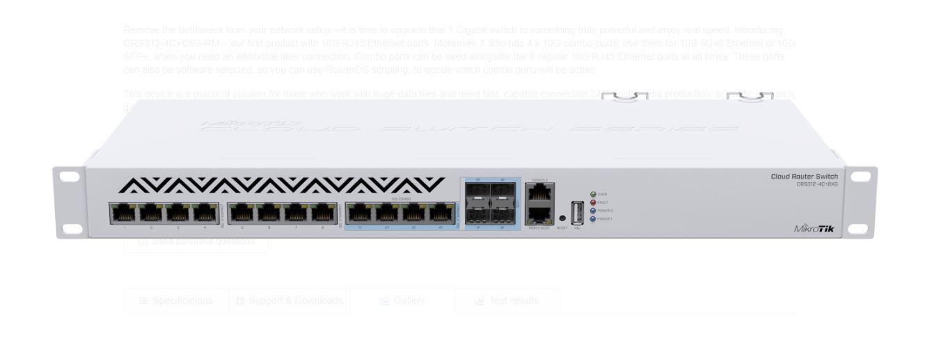 Mikrotik Switch, CRS312-4C+8XG-RM, Procesor: 650 MHz, sistem operare: RouterOS / SwitchOS, 64MB RAM, 16MB Flash, Interfata: 1 x 10/100, 4 x Combo 10G Ethernet/ SFP+, 8 x 1G/2.5G/5G/10G , USB type A, Dimensiuni: 443 x 183 x 44 mm.