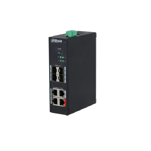 8-Port Hardened Managed Switch with 4-Port PoE > Comes with 4 × 10/100 Mbps PoE ports and 4 × SFP 1000 Mbps uplink ports > Meets the requirements of IEEE 802.3af and IEEE 802.3at power supply standards. The red port complies Hi-PoE/IEEE 802.3bt standard, orange port complies Hi-PoE standard. > PoE