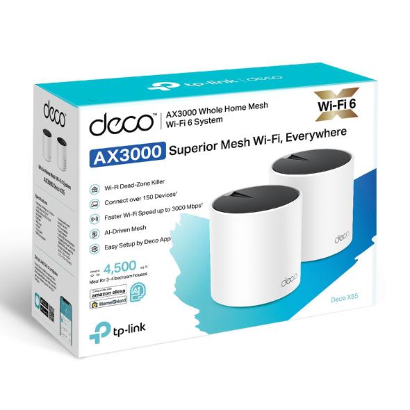 TP-Link AX3000 whole home mesh Wi-Fi 6 System, Deco X55(2-pack); Standarde Wireless: IEEE 802.11ax/ac/n/a 5 GHz, IEEE 802.11ax/n/b/g 2.4 GHz, Interfata: 3 LAN/WAN Gigabit Ethernet Ports, 2 x antene interne per unitate, 2402 Mbps (5 GHz), 574 Mbps (2.4 GHz).