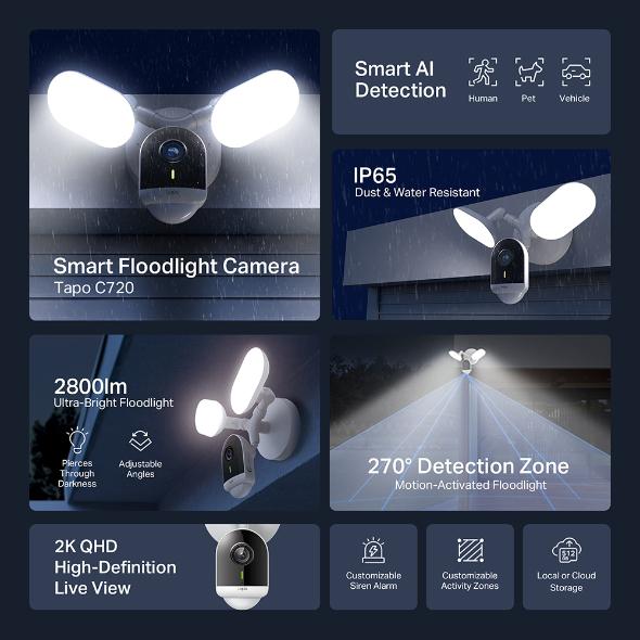 Cameră de supraveghere cu proiectoare TP-LINK TAPO C720, senzor imagine Starlight CMOS cu scanare progresivă 1/3, Apertură: F2.1, 2× proiectoare (Temperatură culoare: 5000K, luminiozitate: 2800 de lumeni), rezolutie maxima 2560 × 1440 px, frame rate 15 fps - imagine 2