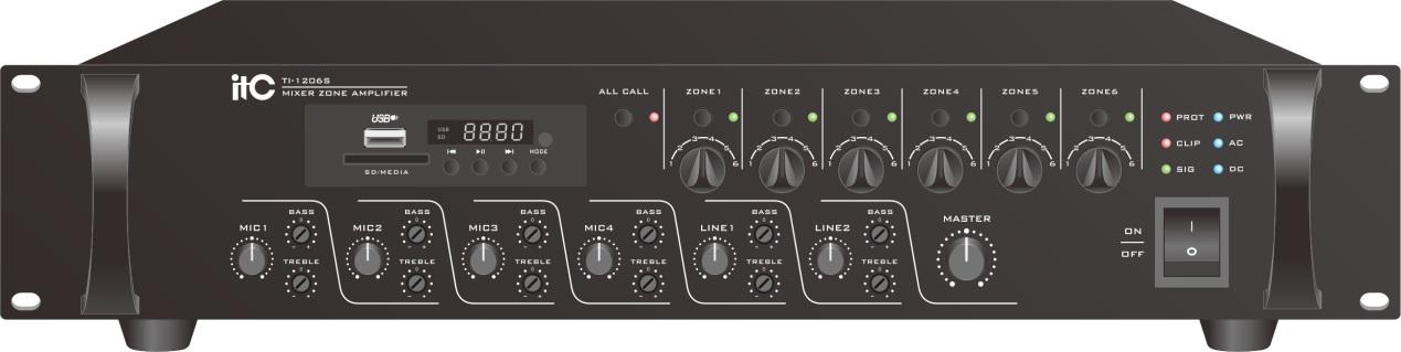 Mixer amplificator cu 6 zone de reglaj ITC TI-5006S, pentru sisteme de Public Address (PA), putere 500W @100V, MP3(USB/SD)+FM Tuner si Bluetooth, 4 x intrari de microfon, 2 x intrari de linie, 1 x intrare EMC, 1 x intrare TEL, Chime integrat, 5 functii prioritare, intrare backup 24VDC, dimensiuni