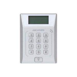 Cititor standalone cu tastatura si card proximitate Hkvision DS-K1T802E, suporta cartele EM 125Khz, capacitate 3000 carduri si 10000 evenimente, autentificare: card, card si  parola,display 128x64, Exit Button × 1, Door Sensor × 1, Doorbell × 1, E-lock Output × 1