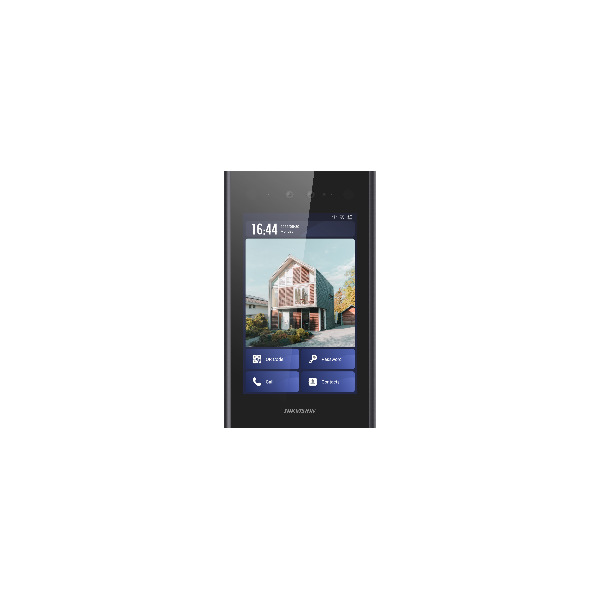 Videointerfon de exterior IP cu recunoastere faciala DS-KD9403-E6 carcasa de aluminiu si ecran curbat 2.5D IPS dimensiune 8-inch, IP65,Operating system :Android 7.1, ROM 4 GB, RAM 2 GB, Supplement light: Low illumination, IR supplement lights,Video standard H.264,Lens: 1,FOV Horizontal: 88°