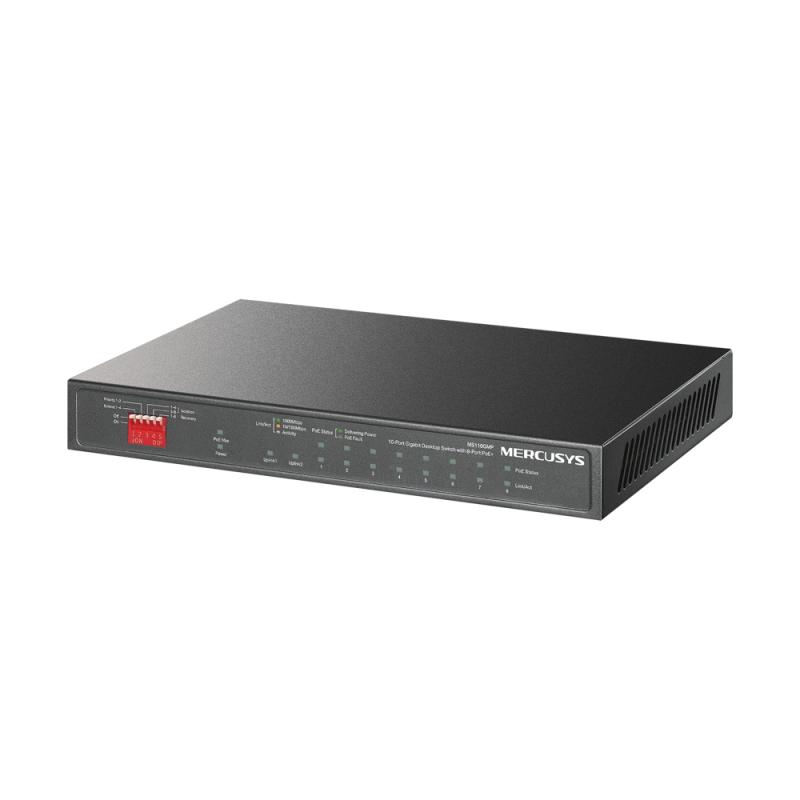 Switch desktop Mercusys 8× 10/100/1000 Mbps PoE+ Ports, 2× 1000 Mbps RJ45 Ports, AUTO Negotiation, AUTO MDI/MDIX, 10BASE-T: UTP category 3, 4, 5 cable (maximum 100m), EIA/TIA-568 100Ω STP (maximum 100m), • EIA/TIA-568 100Ω STP (maximum 100m), 1000BASE-T: UTP category 5, 5e, 6 or above cable (maximum - imagine 2