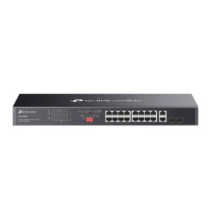 Alternative view of Omada 18-Port Gigabit Rackmount  Switch with 16-Port PoE+ PORT: 16× Gigabit PoE+ Ports, 2× Gigabit Non-PoE Ports, 2× Combo Gigabit SFP Slots SPEC: 802.3at/af, 250 W PoE Power, 1U 19-inch Rack-mountable Steel Case FEATURE: Plug and Play