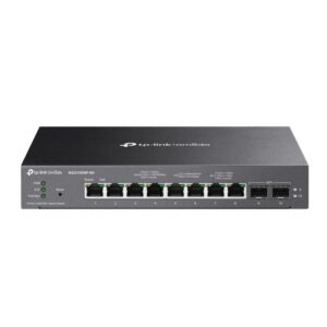 Alternative view of Omada 8-Port 2.5GBASE-T and 2-Port 10GE SFP+ Smart Switch with 8-Port PoE+ PORT: 8× 2.5G PoE+ Ports, 2× 10G SFP+ Slots SPEC: 802.3at/af, 160 W PoE Power, Desktop & Fanless Steel Case FEATURE: Integration with Omada SDN Controller, Static Routing, 802.1Q VLAN, STP/RSTP/MSTP, IGMP Snooping