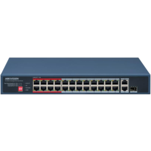 Alternative view of Switch Hikvision DS-3E0326P-E/M(C); 24 Port Fast Ethernet Unmanaged POE Switch Intelligent PoE Management When the power supply exceeds the limit, PoE ports intelligently manage the power supply, which extends the switch lifetime. Up to 300 m Long Range PoE Transmission The distance between IPCs and