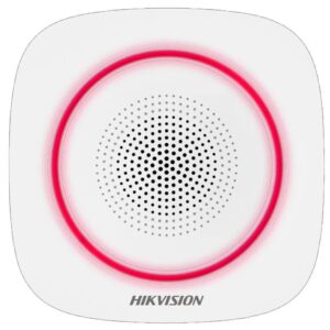 Alternative view of Sirena interior wireless AX PRO Hikvision DS-PS1-I-WE( Red indicator ) supporting 868MHz two-way communication via Cam-X protocol,multiple alarm sounds, strobe light indication, is used forinstant alerting when alarm triggered, Buzzer Decibel: 90 to 110 dB,Quiescent current: 25 uA, Max current: 1.6