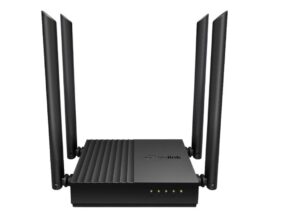 Alternative view of Router Wireless TP-Link ARCHER C64, standarde wireess: IEEE 802.11ac/n/a 5 GHz, IEEE 802.11n/b/g 2.4 GHz, viteza: 5 GHz: 867 Mbps (802.11ac), 2.4 GHz: 400 Mbps (802.11n), 4 × antene fixe de înaltă performanță, MU-MIMO, Processor:1.2 GHz CPU, interfata: 1 × port WAN Gigabit, 4 × porturi Gigabit LAN.