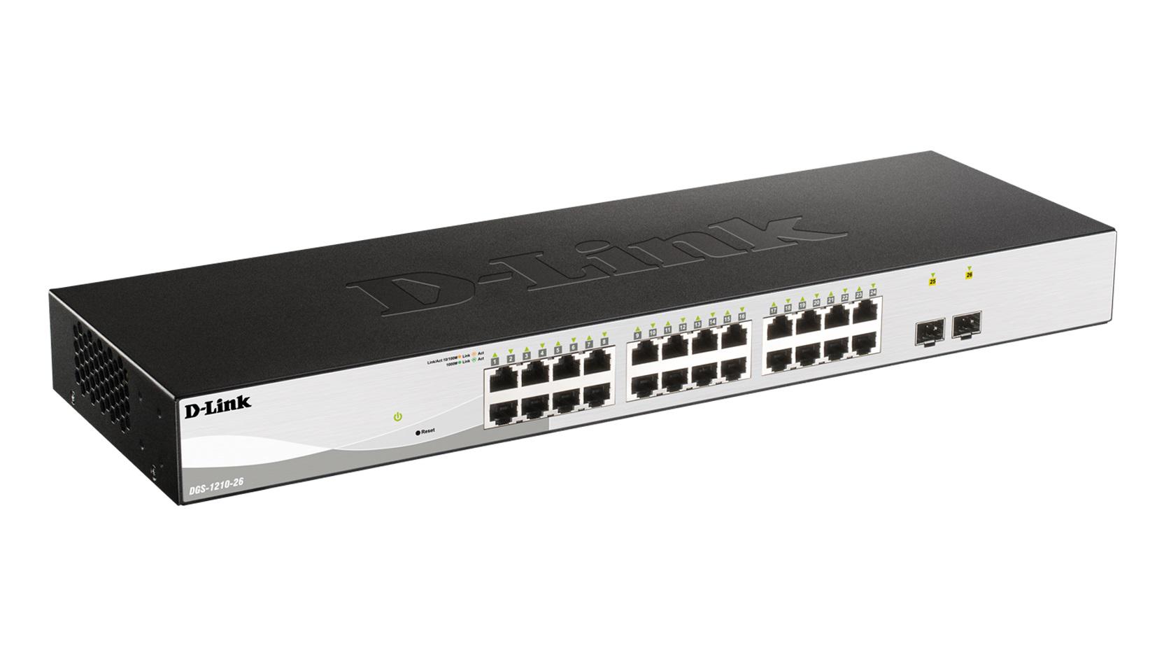 D-link 26-Port Gigabit Smart Switch with 2 SFP ports, DGS-1210-26; 24 x 10/100/1000Mbps Auto-Negotiating Ports; 2 x Combo 1000BaseT/Mini-GBIC SFP ports; Advance power saving features; Fanless design; Half-/Full- Duplex, auto-negotiation, Auto MDI/MDIX; IEEE 802.3x Flow Control; 802.3ad Link - imagine 5