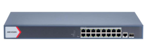 Alternative view of Switch PoE Hikvision DS-3E1518P-EI/M: 16 x gigabit PoE RJ45 ports, 1 × gigabit RJ45 port, 1 x gigabit fiber optical port, 16 porturi PoE maxim 30W, buget PoE 130W, tensiune alimentare 100~240 VAC, 50/60 Hz, Max. 2.5 A, dimensiuni: 440.0 mm × 220.8 mm × 44.0 mm, greutate: 2.7kg, montare in rack.