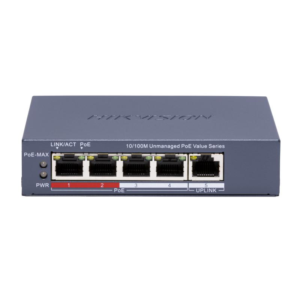 Alternative view of Switch POE 4 porturi Hikvision DS-3E0105P-E/M(C), fara management; 4 × 10/100 Mbps PoE port,1 × 10/100 Mbps RJ45 port, IEEE 802.3af,IEEE 802.3at, PoE power budget 45W, distanta transmisie: 300m;