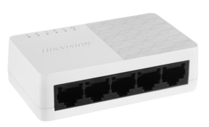 Alternative view of Switch Hikvision DS-3E0505D-O: 5 x 10/100/1000 Mbps ethernet port, 5 × Gigabit RJ45 port, tensiune alimentare: 5 VDC, 0.6 A, dimensiuni: 87.00 mm × 25.00 mm × 51.00 mm, greutate:  0.059kg, montare pe birou.