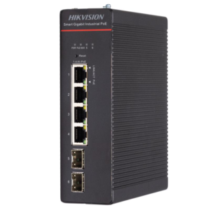 Alternative view of Switch PoE Hikvision DS-3T1506HP-SI-4P2F: 4 x Gigabit Hi-PoE RJ45 Ports, 2 × Gigabit SFP Fiber Optical Ports, 4 porturi Hi-PoE maxim 90W, buget PoE 300W, tensiune alimentare: 48 V DC, 57 A / 52 V~57 V recommended input voltage to ensure stable power supply, IP40, dimensiuni: 155.00 mm × 46.00 mm ×