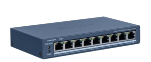Alternative view of Switch PoE Hikvision DS-3E1309P-EI/M: 8 × 10/100 Mbps PoE port, 1 × Gigabit RJ45 port, 8 porturi PoE maxim 30W, buget PoE 60W, tensiune alimentare: 48 VDC, 2.5 A, dimensiuni: 170.00 mm × 27.60 mm × 93.10 mm, greutate: 0.350g, montare pe birou sau pe perete.