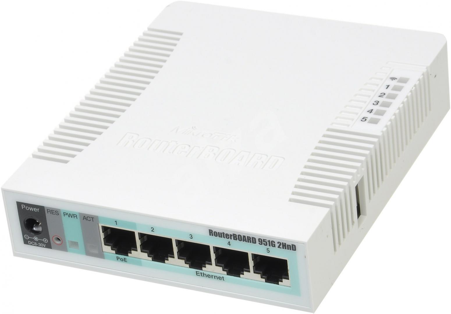 MIKROTIK WIRELESS SOHO GIGABIT AP 5-PORT, RB951G-2HND, 5* 10/100/1000Ethernet ports, CPU nominal frequency: 600 MHz, 1* CPU core count, Sizeof RAM: 128 MB, Up to 7W, 2* Wireless 2.4 GHz number of chains,802.11b/g/n, Antenna gain dBi for 2.4 GHz: 2.5 - imagine 3