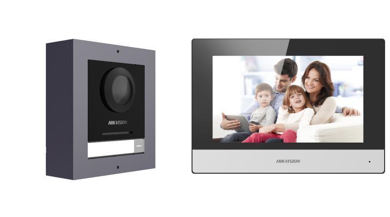 Kit videointercom IP Hikvision DS-KIS602(B), contine: DS-KD8003- IME1(B)/Surface × 1, DS-KH6320-WTE1 × 1, 4-port standard PoE switch × 1, 16 GB TF card × 1, caracteristici post exterior: 2MP HD camera, IR: 3m, WDR, microfon inclus, difuzor inclus, 1 buton, alimentare: IEEE802.3af, standard PoE, 12 - imagine 2