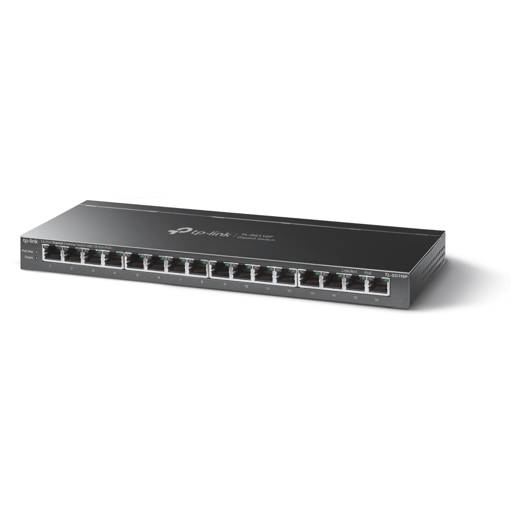 "16-Port Gigabit Desktop Switch with 16-Port PoE+ PORT: 16× Gigabit PoE+ Ports SPEC: 802.3at/af, 120 W PoE Power, Desktop Steel Case FEATURE: Extend Mode for 250m PoE Transmitting, Priority Mode for Port1-4, Isolation Mode, PoE Auto Recovery, Plug and Play" - imagine 4