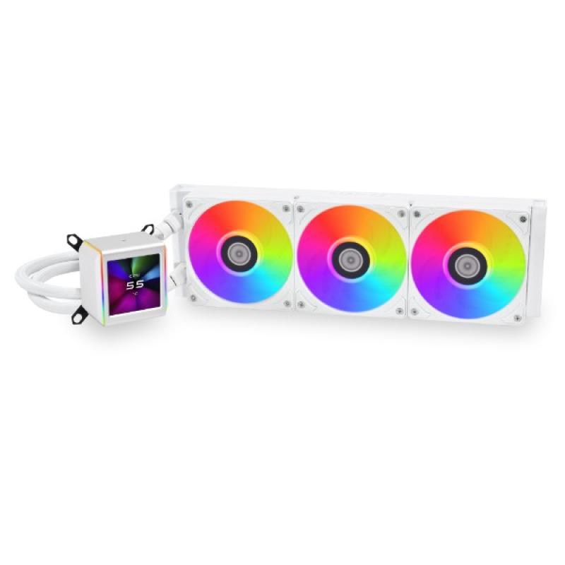 Cooler Procesor LIAN LI GALAHAD II LCD 360 ALB, marime radiator 360mm, 3 ventilatoare ARGB, Viteza ventilatoare 2450 RPM +/- 10%, Viteza pompa: 3200 +/- 10%, Suport AMD: AM4, AM5 suport INTEL: LGA 1700/1200/115X, Airflow: 79.9 CFM, Nivel de zgomot pompa: 30dBA, Nivel de zgomot ventilator: 32.1dB
