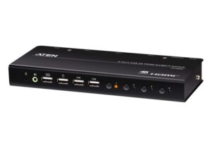 Switch KVM ATEN CS784H. Tastatură de tip port: USB, Mouse tip de port: USB, Video Type portul: HDMI. Tip HD: 4K Ultra HD, Rezoluţia maximă: 4096 x 2160 Pixel, Lungime de bandă video: 60 Hz. Culoarea produsului: Negru, Material carcasă: Metal, Din material plastic. Sursă de alimentare: DC, Consum de