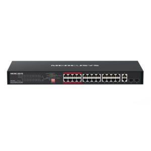 24-Port 10/100Mbps + 2-Port Gigabit Rackmount Switch with 24-Port PoE+ PORT: 24× 10/100Mbps PoE+ Ports,  2× Gigabit Non-PoE Ports, 2× Combo Gigabit SFP Slots SPEC: Compatible with 802.3af/at PDs, 293 W PoE Power, 1U 19-Inch Rackmountable Steel Case FEATURE: Extend Mode for 250m PoE Transmitting
