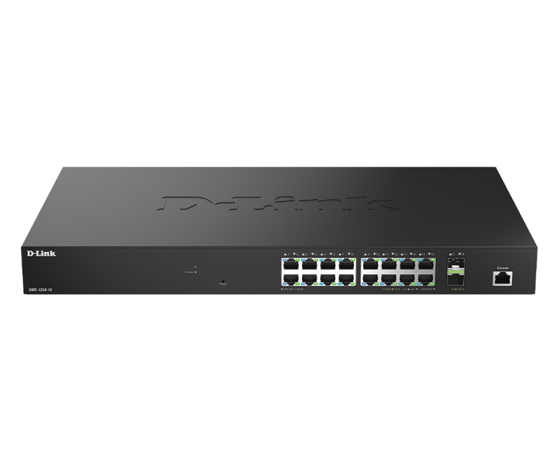 D-Link DMS-1250-18/E. Switch type: Managed, Switch layer: L2. Basic switching RJ-45 Ethernet ports type: 2.5G Ethernet (100/1000/2500), Basic switching RJ-45 Ethernet ports quantity: 16. MAC address table: 16000 entries, Switching capacity: 120 Gbit/s. Networking standards: IEEE 802.1Q, IEEE 802.1p - imagine 4